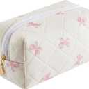 Makeup Bag Travel Cosmetic Bag for Women Girls, Zipper Make Up Pouch, Floral Flowers Toiletry Organizer Makeup, Portable Storage Bag, Cosmetic Travel Cloth Bag (Pink Bow Tie)