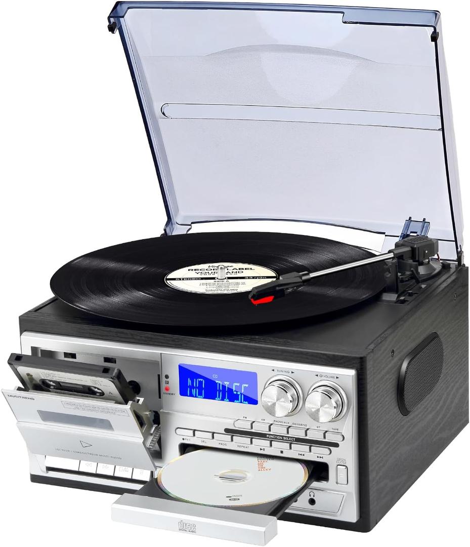 9 in 1 Record Player with External Speakers,3 Speed Bluetooth Turntable Vinyl Player with CD/Cassette Play,AM/FM Radio, USB SD/MMC Play, Aux-in/RCA Line Out (Black-T408)
