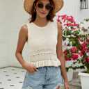 VIMPUNEC Womens Crochet Crop Tank Tops Sleeveless Knit Sweater Vest Ruffle Hem Summer Top (Beige, L)