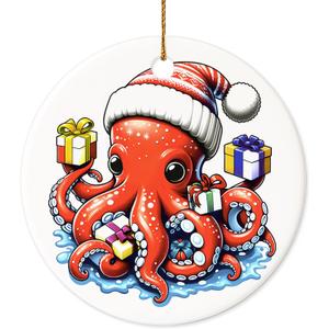 Christmas Ornament - Octopus Ceramic Ornament, Cute Red Octopus with Santa Hat Ornament, Nautical for Ocean Lovers, Divers & Beach Home Decor