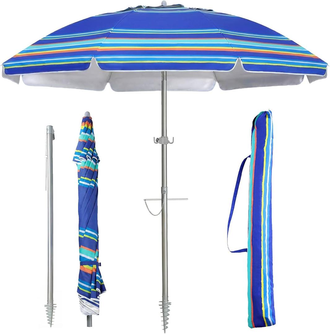 PASAMIC 7ft Portable Beach Umbrella, UPF 50+ UV Protection with Sand Anchor, Air Vent & Adjustable Tilt, with Carry Bag and Hook, for Patio Pool, Blue Stripe