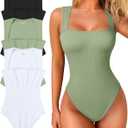 OQQ Women's 3 Piece Bodysuits Sexy Ribbed Strappy Square Neck Sleeveless Tummy Control Tank Tops Bodysuits (Large, Black, Pea Green, White)