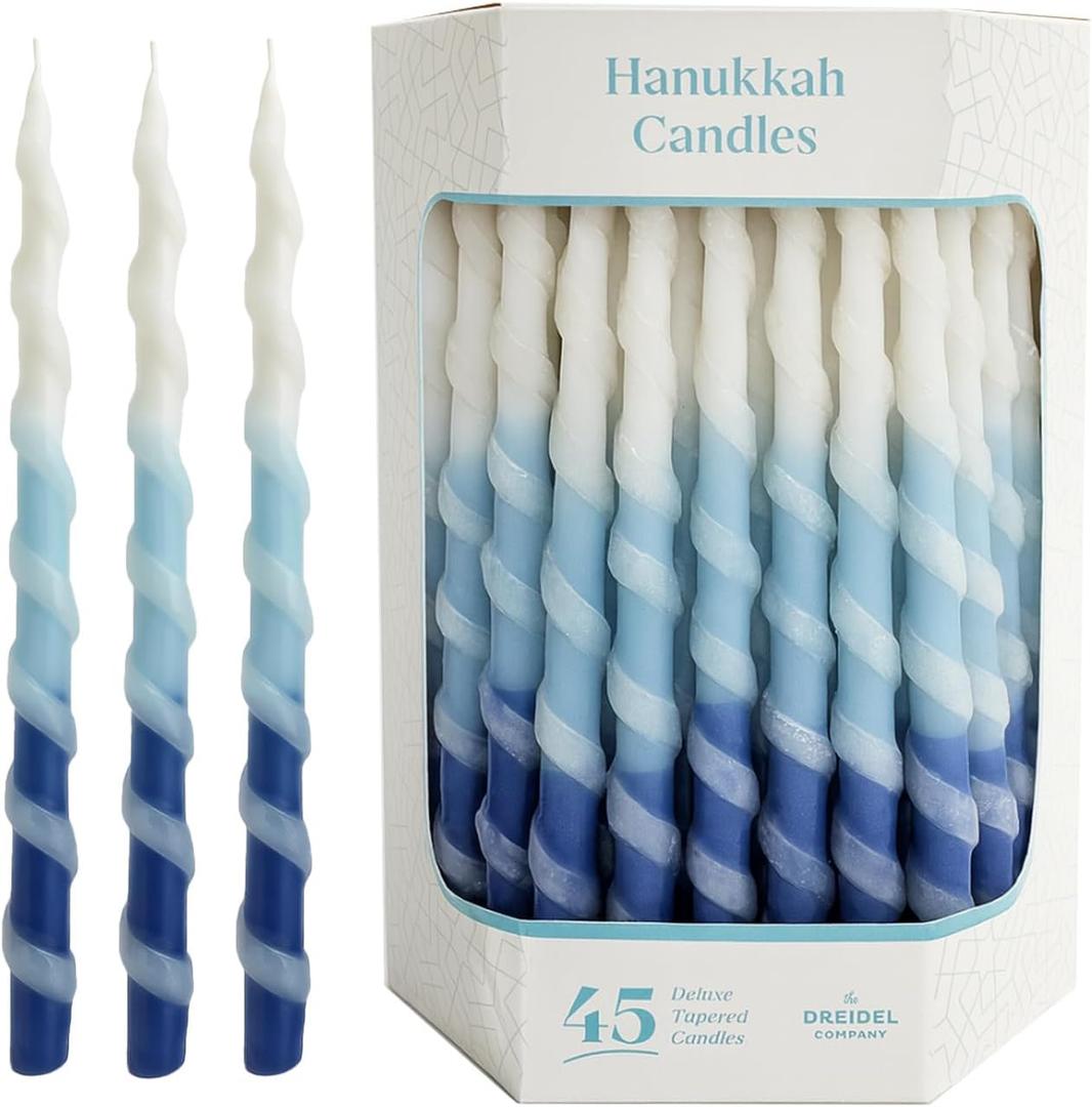 The Dreidel Company Deluxe Twisted Spiral 45 Blue & White Ombre Hanukkah Menorah Candles for All 8 Nights of Chanukah Burn Time 1-Hour