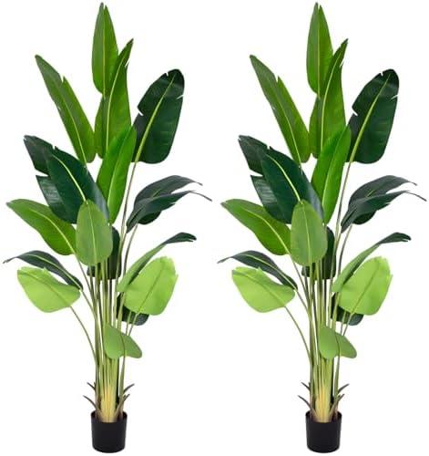 CETRD Artificial Bird of Paradise Plant 8Ft Fake Tropical Palm Tree with 18Trunks Faux Banana Leaf Trees in Pot for Home Indoor Outdoor Office Modern Decor Housewarming Gift（2Pcs）