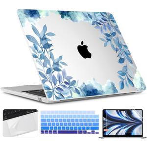 TWOLSKOO for M4 MacBook Air 13.6 inch Case 2025-2022 Release M4 A3240 M3 A3113 M2 A2681, Plastic Hard Shell & Screen Protector & Keyboard Cover & Trackpad Film, Blue Floral