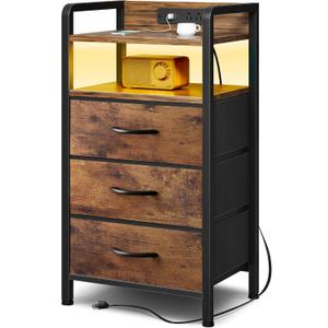 Night Stand Bedside Table Bedroom - Nightstand with Charging Station & LED Light Strip, Bed Side End Table with Storage Shelf & 3 Fabric Drawers, U-S-B Ports & AC Outlets, Rustic Brown