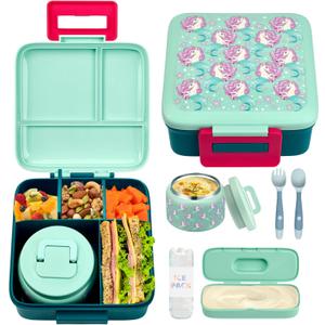 Bento Lunch Box for Kids With 8oz Soup Thermo,Leak-proof Lunch Containers with 5 Compartment,Thermos Food Jar and Lunch Bag, Food Containers for School, Blue Unicorn