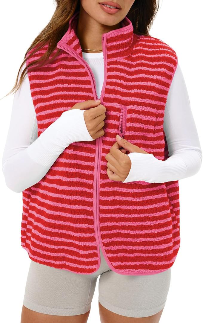 Gacaky Women's Striped Vest Winter Warm Cropped Stand Collar Full Zip Sleeveless Fleece Jacket Zip Gilet Fashion Trendy Tops (Red, L)