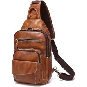 LANNSYNE Full Grain Leather Casual Sling Bag For Men Hiking/Travel/Business Crossbody Chest Bag Fits 12.9" iPad