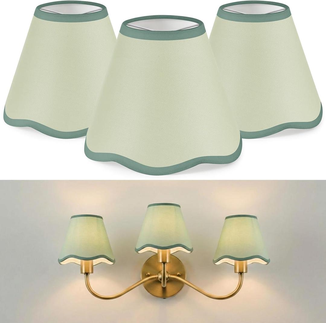 VIHOSE 3 Pack Chandelier Lamp Shades Mini Scalloped Bell Shade With Petal Edges 2.9" Top x 5.9" Bottom x 5.1"High Fabric Lampshade Clip On Bulb For Table Wall Living Room Bedroom Easy Assembly (Green)