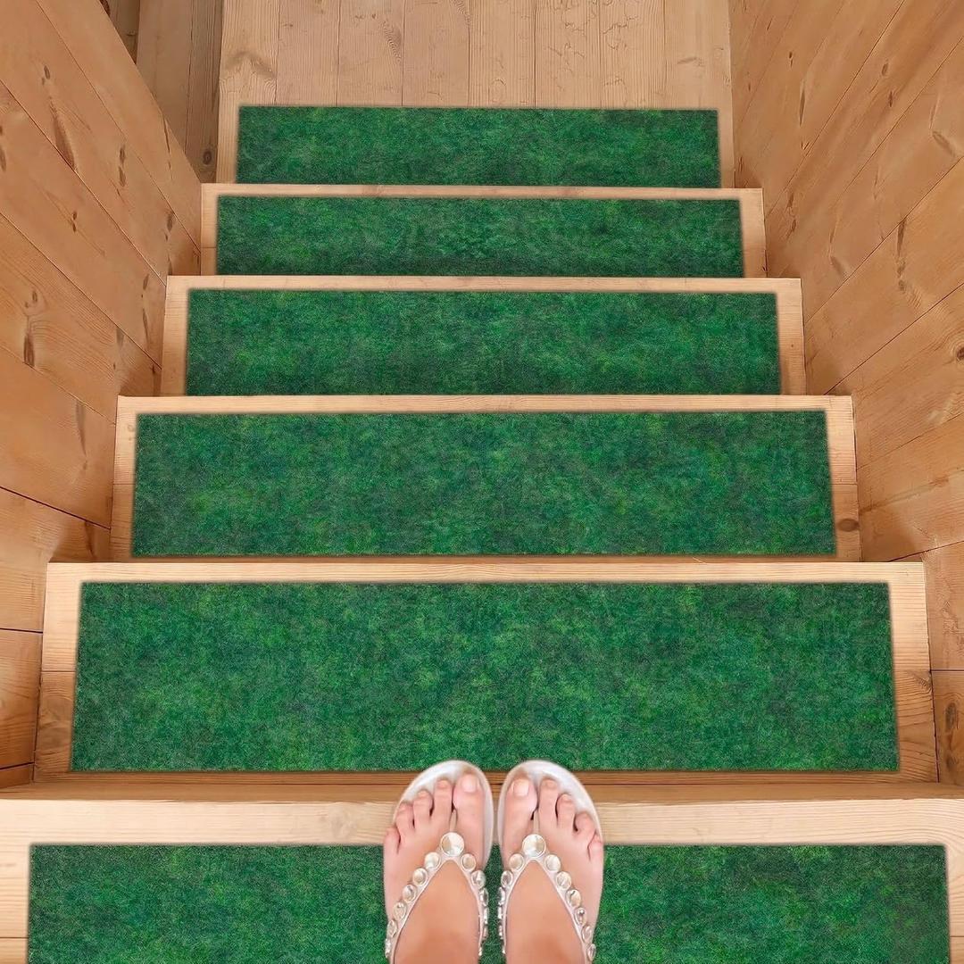 Ottomanson Non-Slip Stair Treads for Wooden Steps – Set of 7 Low-Profile Stair Mats with Rubber Backing, Indoor Staircase Protection for Kids & Pets – Dirt-Trapping Step Covers, 8" x 30", Green