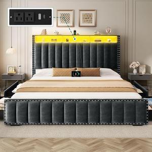YITAHOME King Size Bed Frame with 4 Storage Drawers and RGB LED Lights, Velvet Upholstered Platform Bed with Charging Station and Bookcase Storage Headboard, No Box Spring Needed, Easy Assembly, Grey