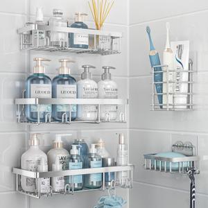 Liuoud 5 Pack Shower Caddy Organizer Rack Shelf for Inside Shower, Self Adhesive Bathroom Wall Storage Basket Rustproof Stainless Steel Large Capacity Shampoo Holder, Silver