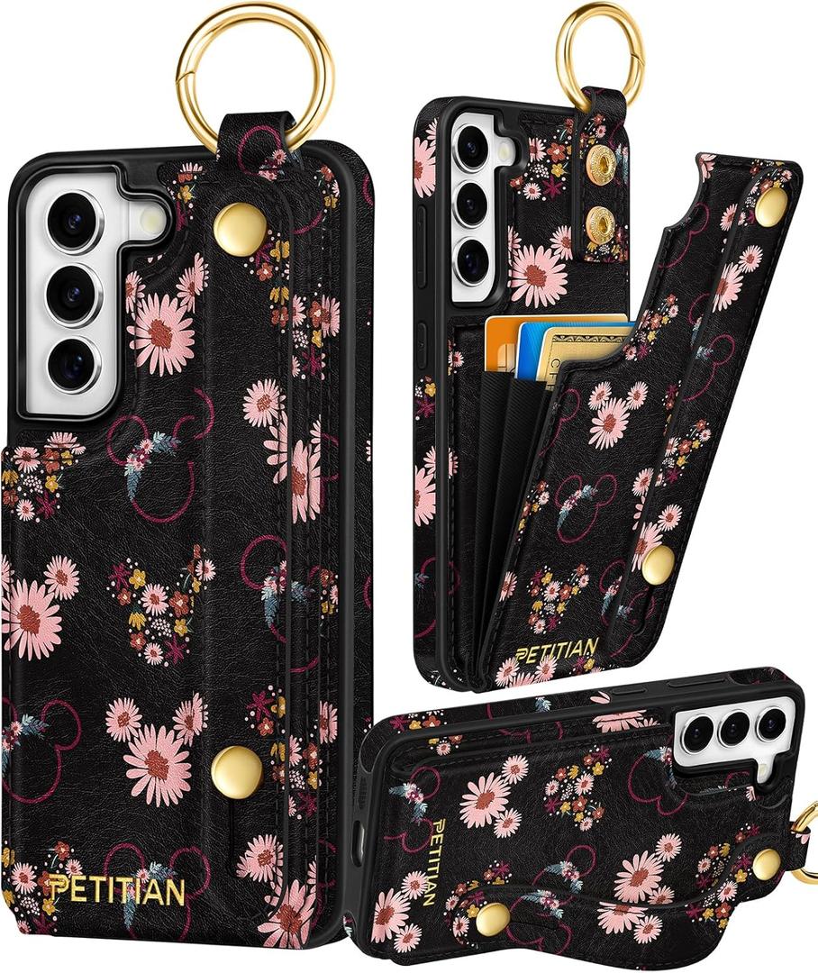 Petitian for Samsung Galaxy S22 Case with Wallet - Women Girls Cute Girly Aesthetic Unique Design Leather Credit Card Holder Cardholder Stand Wristband for S22, Miqi