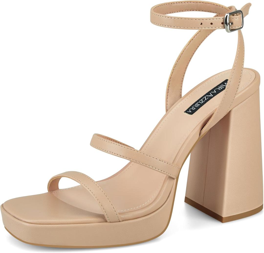 MIRAAZZURRA Platform Heel Sandals Chunky Block Square Open Toe Two Strap Heeled Sandals with Buckle Ankle Strap for Women Party Wedding Dress (7, Nude)