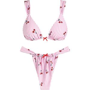 ZAFUL Bikini Sets for Women Triangle Bow Decor Ruffle Straps Lace up Swimsuit 2 Pieces High Cut Bathing Suits, S