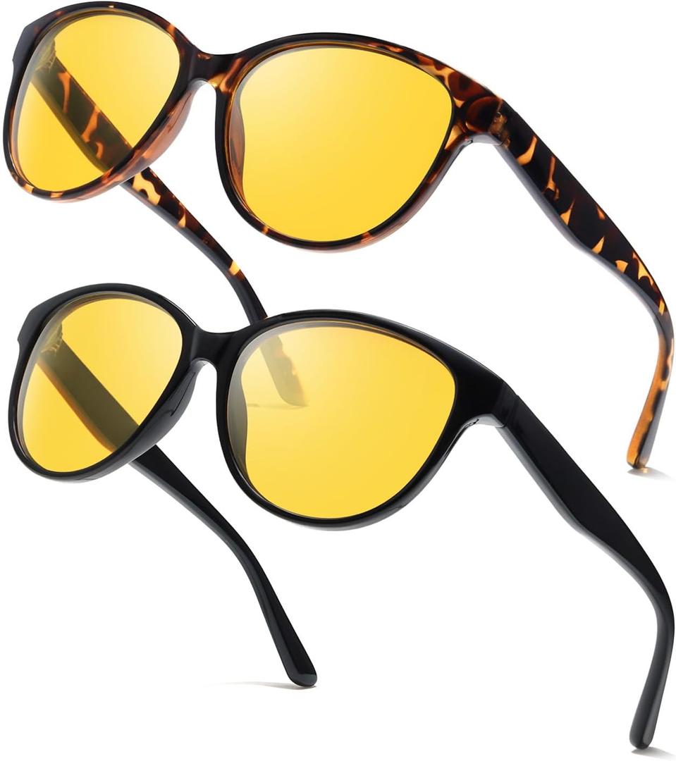 FIMILU 2 Pack Night Driving Vision Glasses for Women, Polarized Reduce Glare and Enhance Visual Abilities for Nighttime 22526 (Z04 Black+browntortoise/Yellow Lens)