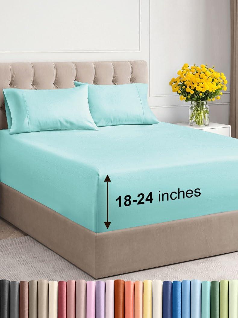 Extra Deep Pocket Cal King Sheets - 4 Piece Breathable & Cooling Bed Sheets - Hotel Luxury Bed Sheet Set - Soft, Wrinkle Free & Comfy - Easily Fits Extra Deep Mattresses - Deep Pocket Spa Blue Sheets