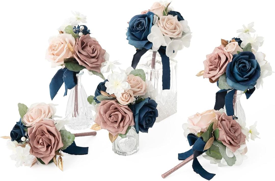 Ling's moment Navy Blue Wedding Centerpieces Flowers Mini Bridesmaid Bouquets Set of 6 Wedding Table Centerpieces Decor Pre-Made Floral - Dusty Rose & Navy