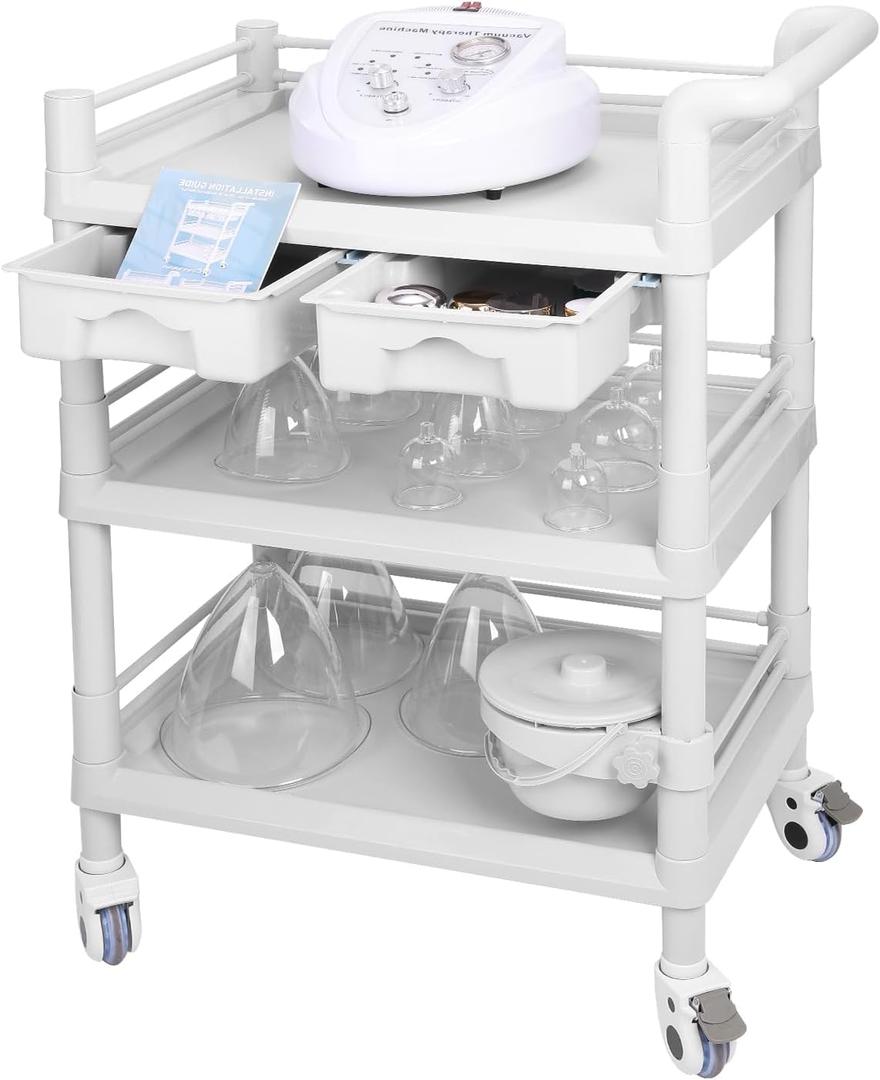 Beauty Salon Trolley Cart, Esthetician Cart with Wheels & Bucket and 2 Big Drawer, 3 Tier Heavy Duty SPA, Load 330lbs, 360° Rotate Silent Wheels for Beauty Salon SPA Hospital Office Lab