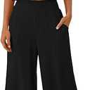 No Brand Women's 2 Piece Outfits Linen Short Sleeve Crop Top and Wide Leg Pants Lounge Matching Set Tracksuits Trendy Clothes Black S