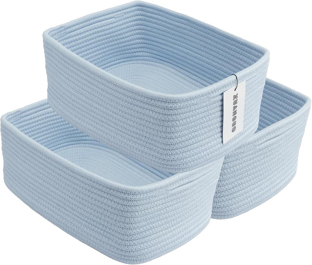 Small Woven Storage Baskets 13X9X5 Decorative Rope Bins for Organizing Shelves, Closets, and Toys, Empty Gift Baskets, Cute Organizer Basket for Home and Office (Blue, Large)