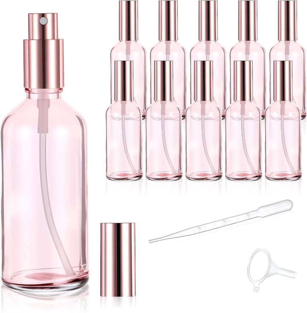 10 Pack 3.4 Oz Pink Glass Spray Bottles, Refillable Fine Mist Atomizers with Rose-Gold Caps, Empty Perfume Bottles for Essential Oils, Body Sprays, Travel