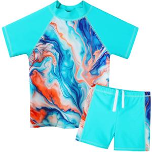 Girls Two Piece Swimsuit Floral UPF 50+ Rash Guard Set Kids Beach Swimwear (8-9 Years, Cyanagate)