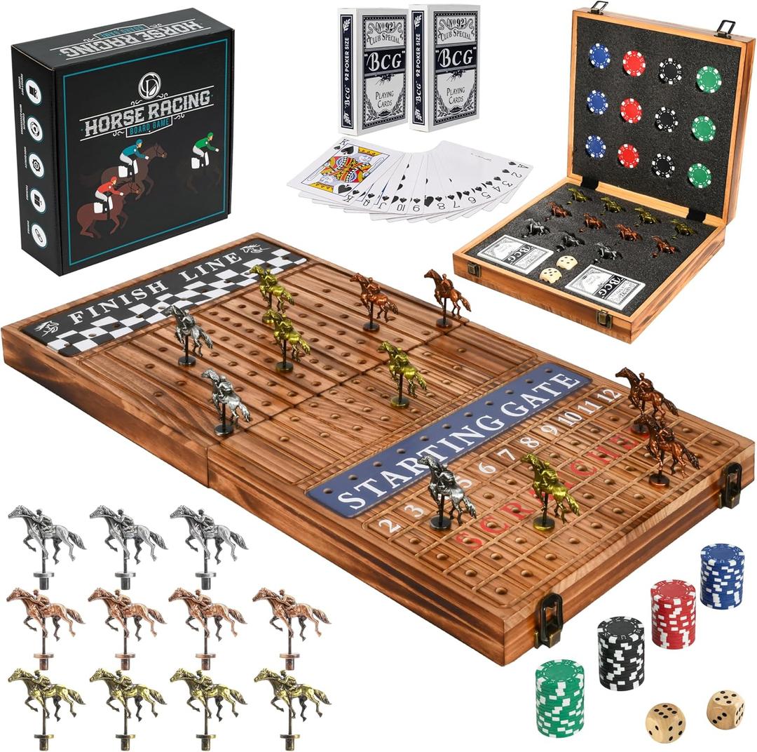 Horse Racing Board Game - 23"x12" - Derby Classic Horse Race Game with 11 Metal Horses - Foldable Wood Horse Game with Dice, Premium Chips & 2 Packs of Cards - Rustic Brown