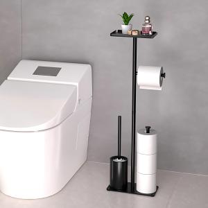 Modern Bathroom Toilet Paper Holder Stand, Black Metal, with Storage Shelf, Brush Holder, 3-Roll Storage, Freestanding Design