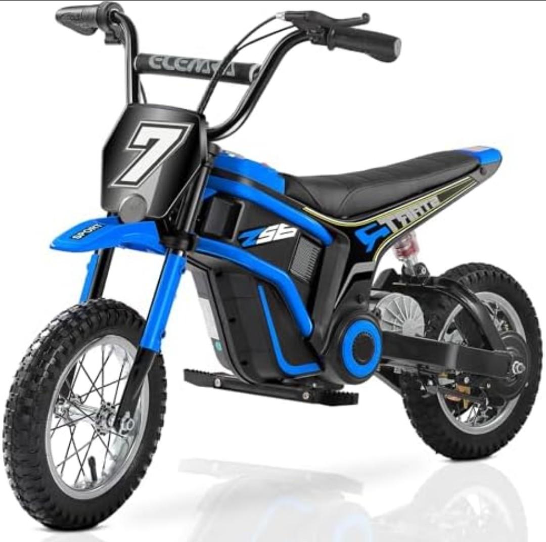 ELEMARA Electric Dirt Bike,350W Motorcycle 24V Ride on Toy for Big Kids w/LED Power Display,15.5 mph & 150lb Max,3 Speeds,Chain-Driven Motor,Twist-Grip Throttle & Brake Lever,12" Air-Filled Tires-Blue