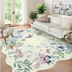 Washable Butterfly 8x10 Area Rugs for Living Room, Soft Non-Slip Beige Large Bedroom Carpet Ultra Thin Floral Dining Room Rug, Boho Scalloped Floor Carpets for Kids Room Classroom Dorm