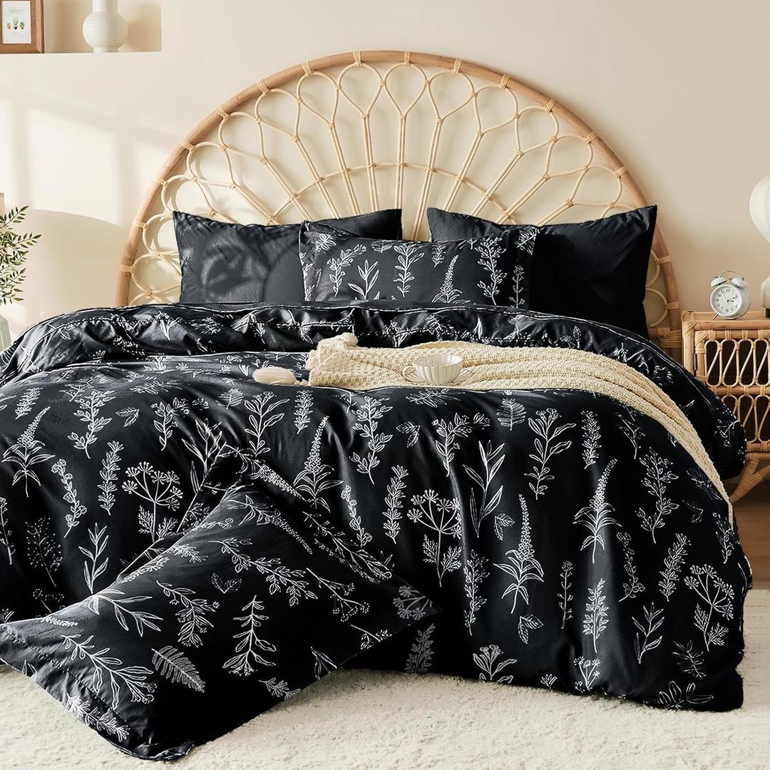 MUXHOMO Duvet Cover Queen Size, Reversible Floral Black Duvet Cover Set with Zipper Closure, 3 Pieces Botanical Patterns Soft Microfiber Bedding Set with 4 Ties (90"x90", 2 Pillow Cases) (01 - Black Leaves (No Comforter))