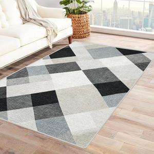Checkered Area Rug 7x8 Washable Geometric Diamond Plaid Rugs Large Soft Rugs for Living Room Abstract Geometry Carpet Home Decor Indoor Low Pile Non Slip Bedroom Carpet (Grey)