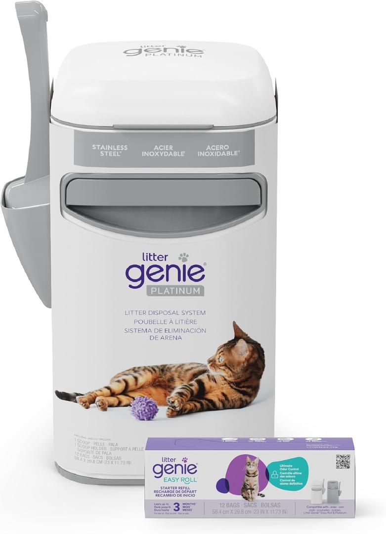 Litter Genie Platinum Pail Made of Durable Stainless Steel Includes 1 Easy Roll Refill (White)