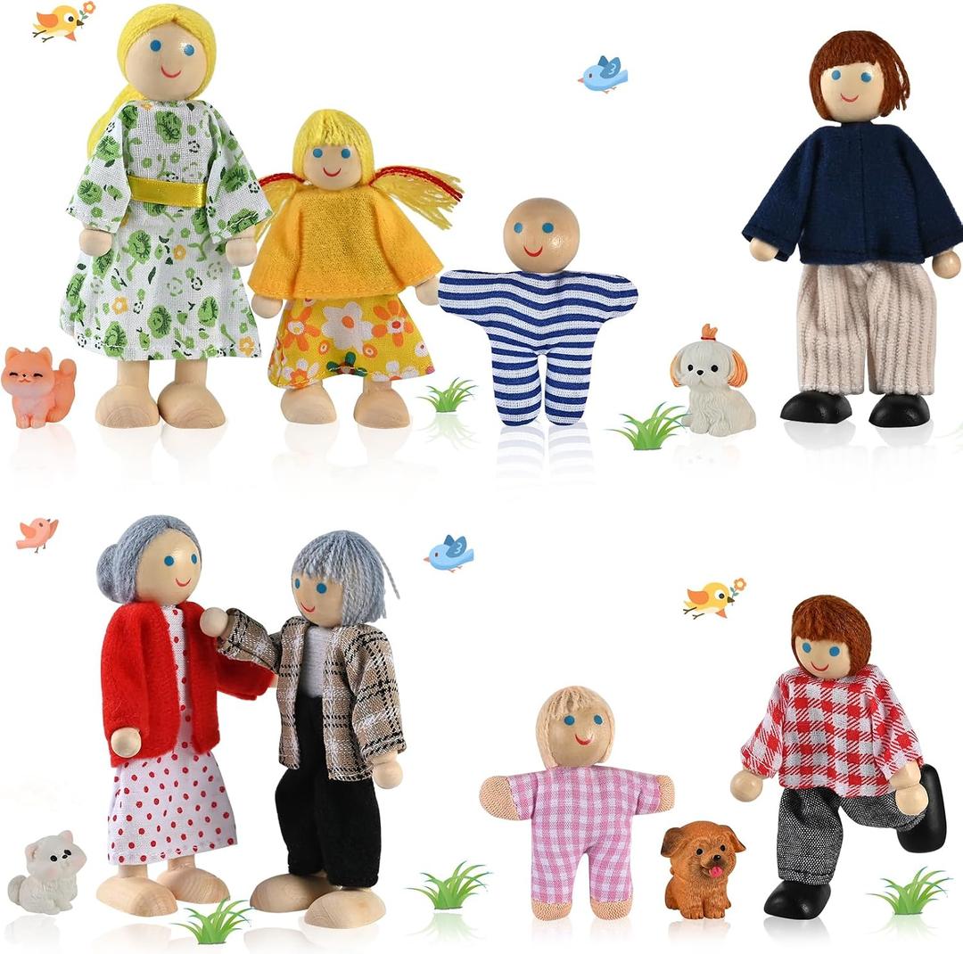 12 Pcs Wooden Dollhouse People, Dollhouse Family Set, Wooden Doll House People, Doll Family Pretend Play Figures Accessories Toy Gift for Kids Ages 3+