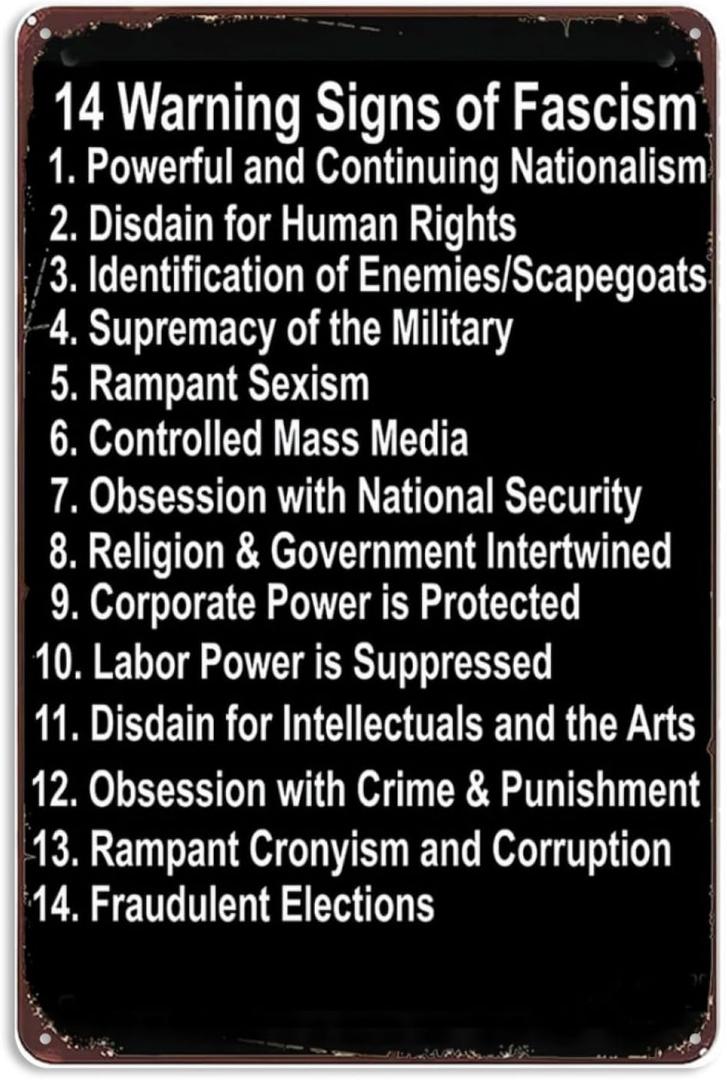 Funny 14 Warning Signs of Fascism Anti Donald Trump Resist Protest fascism Signs Wall Decor Vintage Metal Tin Sign Bedroom Bathroom Bar Man Cave Room Office Wall Decorations Gift 8x12 Inch