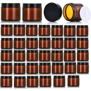 36 Pack 1oz Amber Glass Jars with Black Lids, Small Round Cosmetic Jars with with Inner Liners, Glass Containers for Homemade Creams, Candle, Skincare, Lotion, Travel