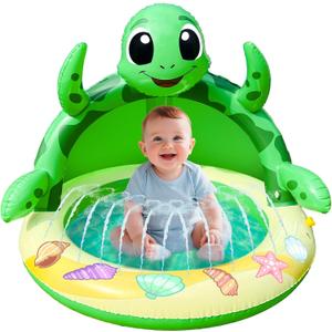Baby Pool Toddler Sprinkler Water Play Mat, Turtle Baby Pool Float Sprinkler for Kids- Inflatable Kiddie Pool with Canopy Outdoor Water Toys for Summer Play Center Backyard Water Activity Games