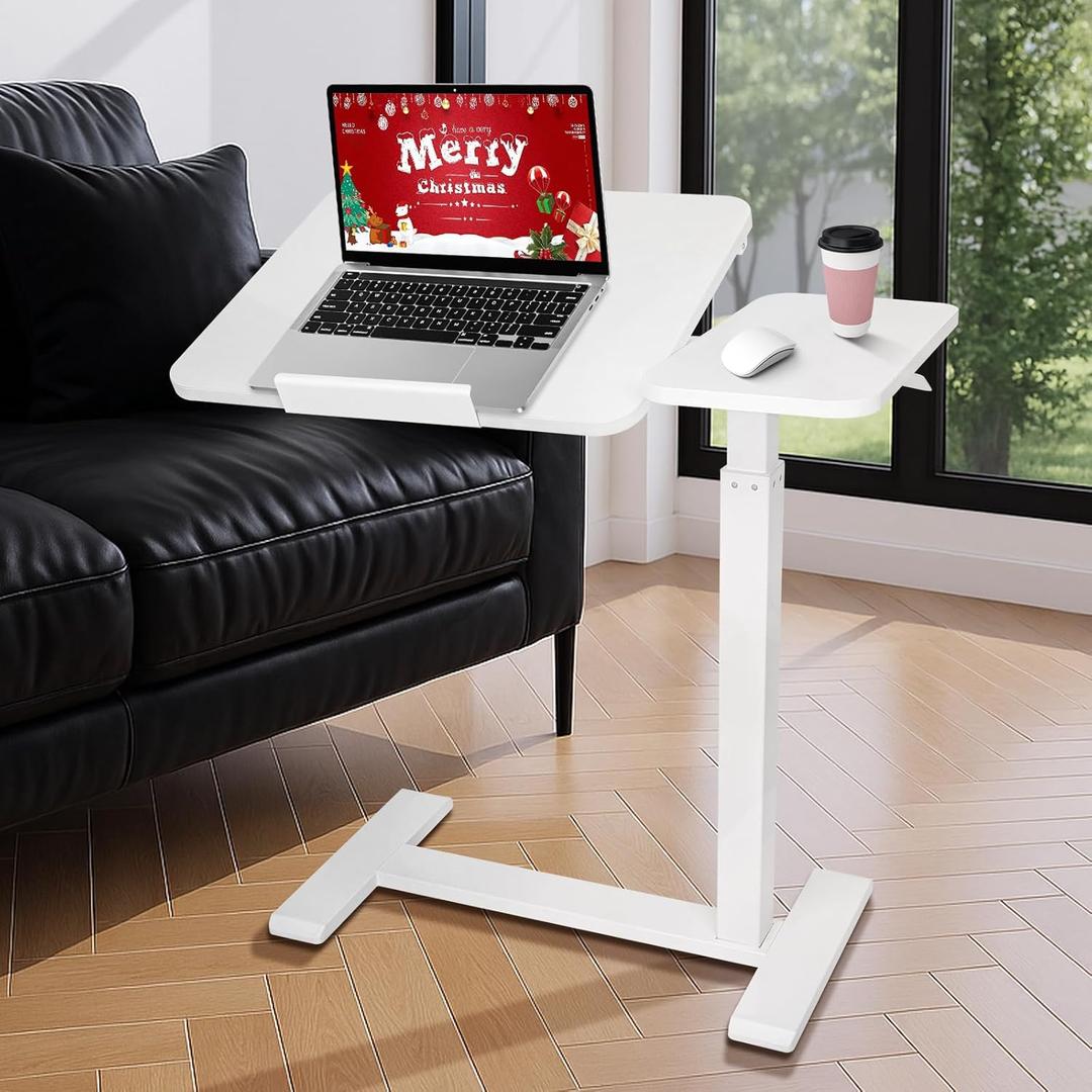 Adjustable Pneumatic Overbed Bedside Table with Wheels Split Top Tilting Mobile Standing Desk Portable Computer Cart Movable Desk Hospital Home Office Use (15.7" W x 27.6" D, White)