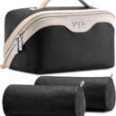 BOYATU Travel Makeup Bag Organizer Cosmetic Bag: 3 Pcs Set Make up Bags for Women with Handle - Waterproof Vegan Leather Toiletry Bags Travel Essentials Pouch with Compartments (A-01-Black)