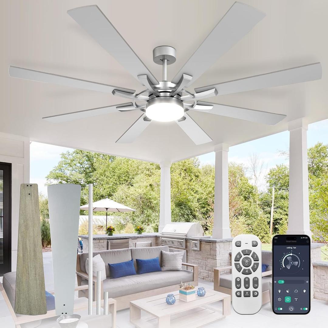 Depuley 72-Inch Ceiling Fan with Light: Modern 8-Blade Brushed Nickel Indoor Outdoor Fans with Remote App Control Dimmable Light - Ultra Quiet DC Motor Reversible 6 Speed Timer