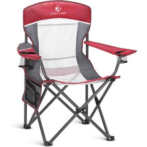 ALPHA CAMP Oversized Mesh Back Camping Folding Chair Heavy Duty Support 350 LBS Collapsible Steel Frame Quad Chair Padded Arm Chair with Cup Holder Portable for Outdoor (Red/Grey)