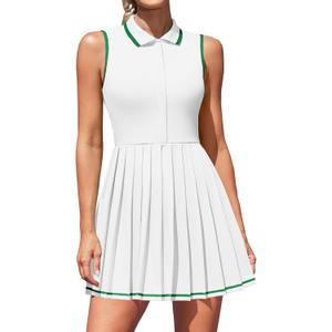 ATTRACO Women Tennis Dresses Polo Golf Dress Zip Up Pleated Workout Dress with Built in Shorts and Bra (Medium, White)
