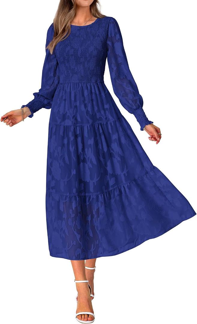 BTFBM Wedding Guest Dresses for Women Spring Fashion 2026 Casual Long Sleeve Floral Maxi Boho Homecoming Dress (Blue, XL)