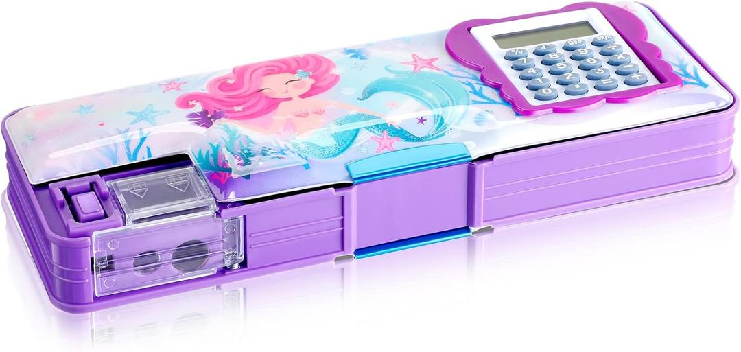 Henoyso Multifunctional Pencil Box for Girls Mermaid Pencil Case with Calculator and Sharpener Cool Cute Pencilcase School Supplies Essentials Back to School Gift Birthday Present for Kids Teens