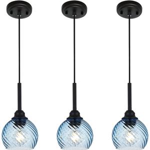 3 Pack Dining Room Light Fixture with Blue Striped Swirl Globe Glass, Stylish Kitchen Island Hanging Pendant Light Black for Bar Hallway Bedroom, 1-Light