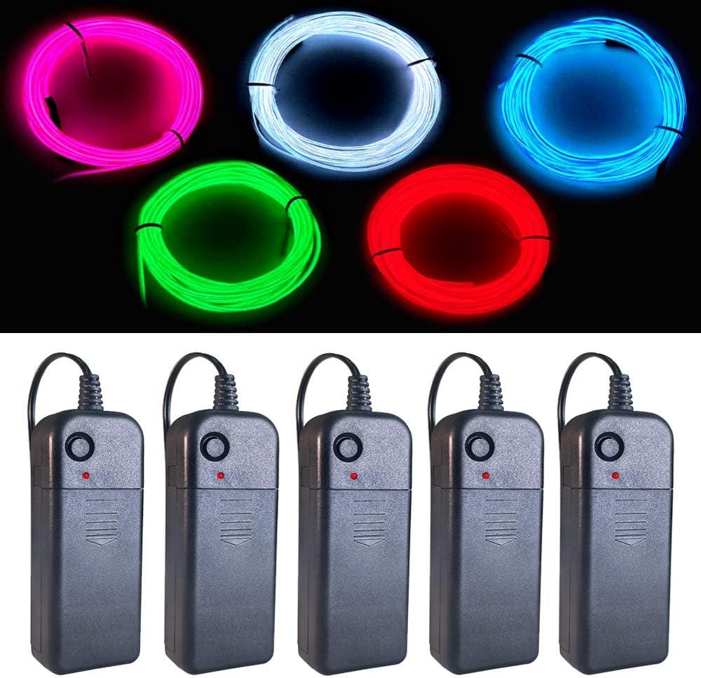 MaxLax EL Wire 5 Pack, 9ft Neon Light Wire Noise Reduction with Battery Pack(Green, Blue, Red, White, Pink) (9ft)