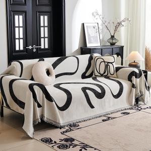 MYSKY HOME Boho Couch Cover Super Soft Couch Covers for 2-3 Cushion Couch Sofa, Modern Black Jacquard Sofa Slipcover Loveseat Futon Cover, Couch Covers for Sectional Sofa, 71" x 118", Black Curve