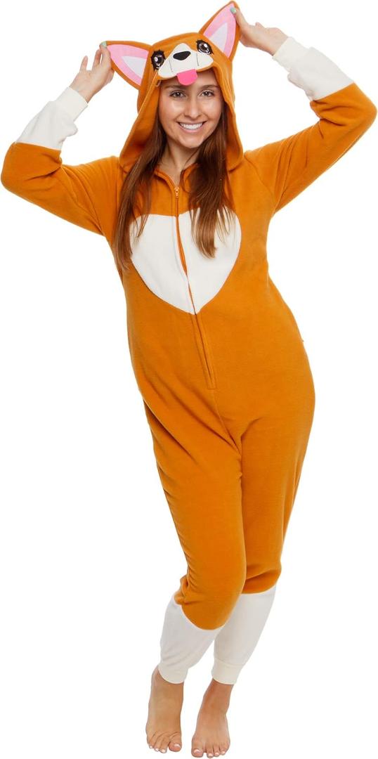 Funziez! Slim Fit Adult Onesie - Animal Costume - Plush Unisex Christmas One Piece Cosplay Suit for Women and Men (Medium, Corgi)